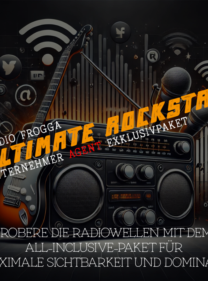 Radio Frogga Ultimate Rockstar Paket – Exklusivpaket mit Radio, Gitarren, Mikrofonen und Soundwellen.