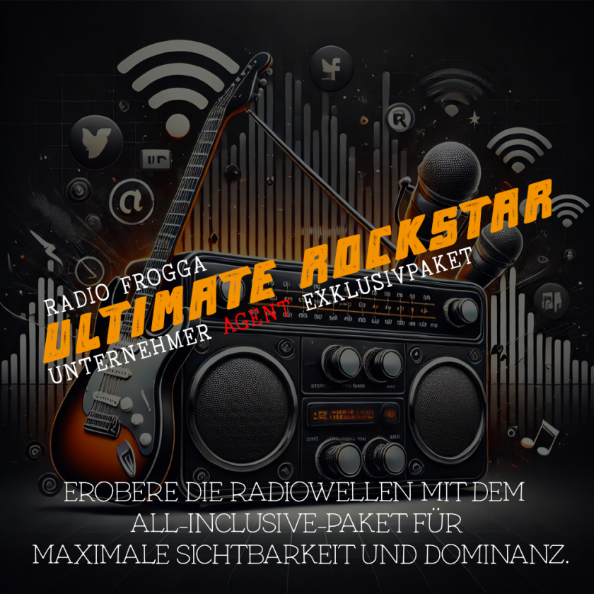 Radio Frogga Ultimate Rockstar Paket – Exklusivpaket mit Radio, Gitarren, Mikrofonen und Soundwellen.