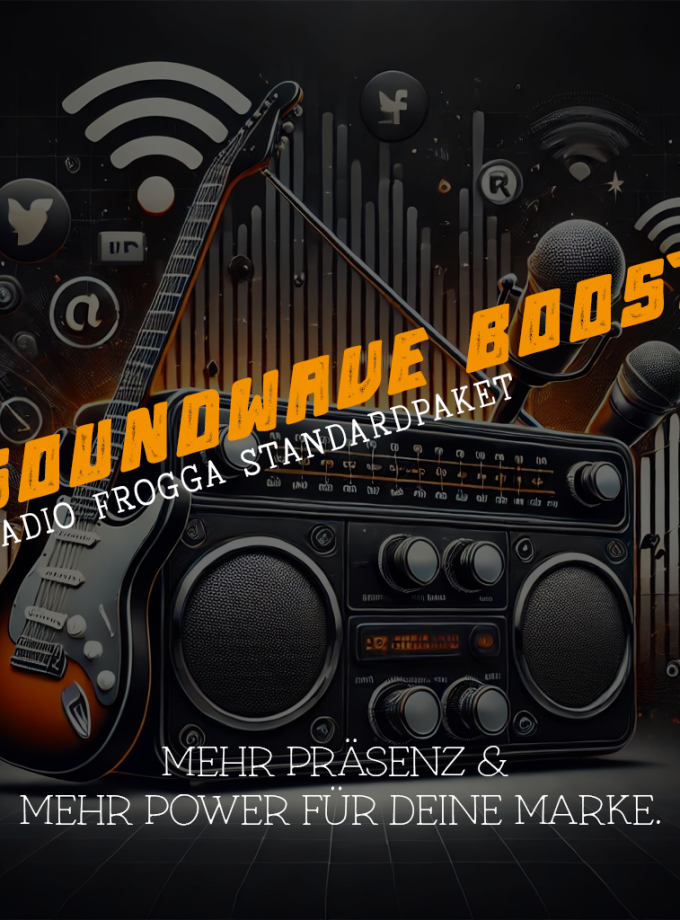 Radio Frogga Soundwave Boost Paket – Standardpaket mit Gitarre, Mikrofonen und Social Media-Symbolen.