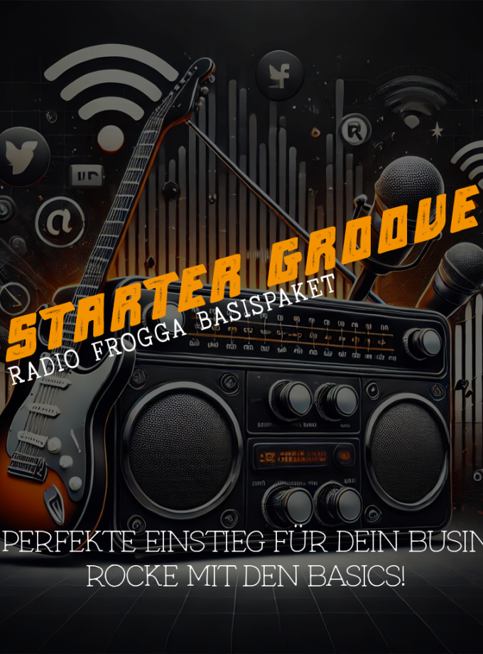 Radio Frogga Starter Groove Paket – Basispaket mit Gitarre, Mikrofonen und Radiowellen.